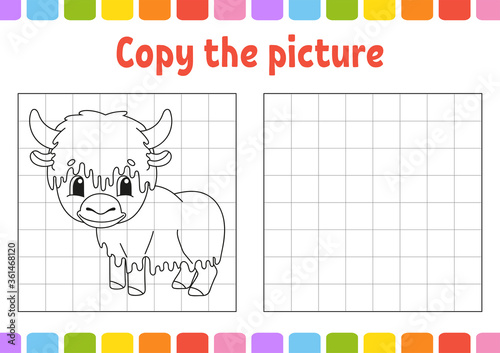 Copy the picture. Coloring book pages for kids. Education developing worksheet. Game for children. Handwriting practice. Funny character. Cute cartoon vector illustration.