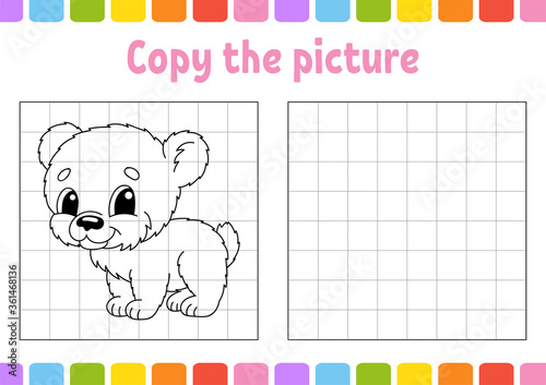 Copy the picture. Coloring book pages for kids. Education developing worksheet. Game for children. Handwriting practice. Funny character. Cute cartoon vector illustration.