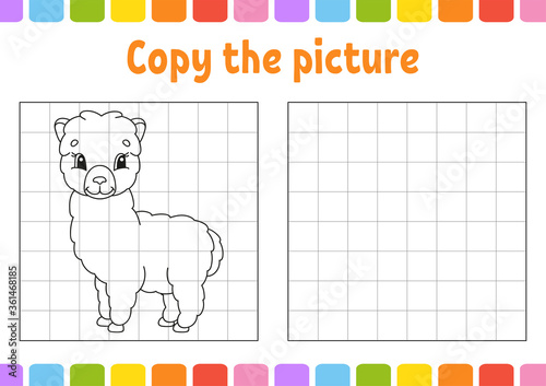 Copy the picture. Coloring book pages for kids. Education developing worksheet. Game for children. Handwriting practice. Funny character. Cute cartoon vector illustration.