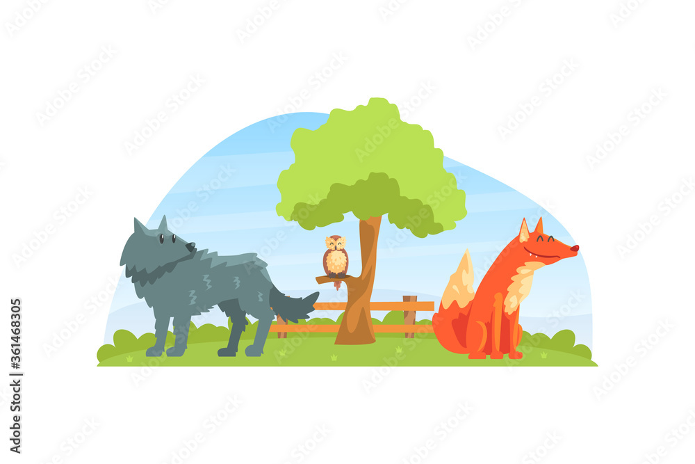 Wild Animals on Beautiful Natural Landscape, Wolf, Fox and Owl in the Zoo or Safari Park Vector Illustration