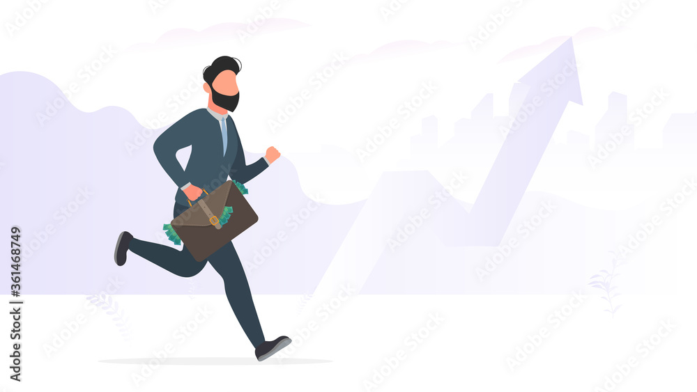 Businessman is running with a suitcase of money. The concept of a successful entrepreneur. Picture for presentations and posters on a business theme. Vector. Businessman is running with a suitcase of money. The concept of a successful entrepreneur. Picture for presentations and posters on a business theme. Vector.