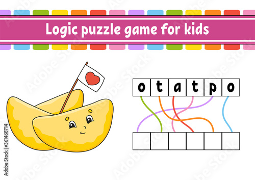 Logic puzzle game. Learning words for kids. Find the hidden name. Worksheet, Activity page. English game. Isolated vector illustration. Cartoon character.