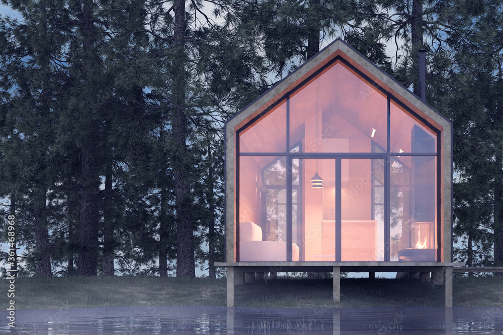 Secluded tiny house on the sandy shore of a lake with fog in a coniferous forest in cold cloudy lighting with warm light from the Windows. Stock 3D illustration