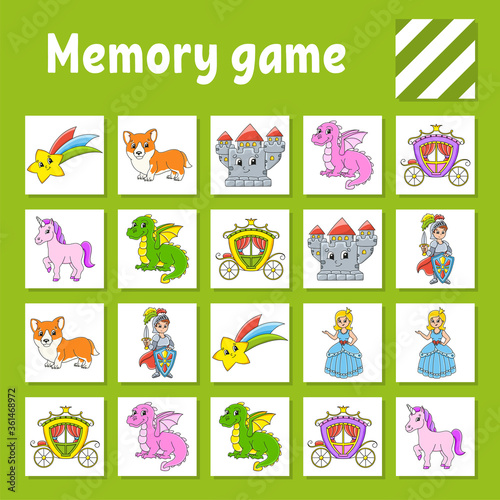 Memory game for kids. Education developing worksheet. Activity page with pictures. Puzzle game for children. Logical thinking training. Isolated vector illustration. Funny character. Cartoon style.
