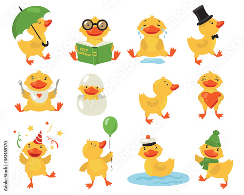 Funny duckling set. Cute yellow baby duck practicing different activities. Student or teacher bird reading book. Vector illustrations for cartoon character, bird, preschool education concept photo