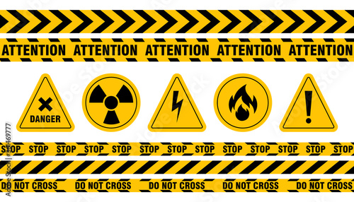 Various danger ribbon and sign set. Attention, danger, high voltage, radiation, biohazard, caution and warning vector illustration collection. Accident and construction concept