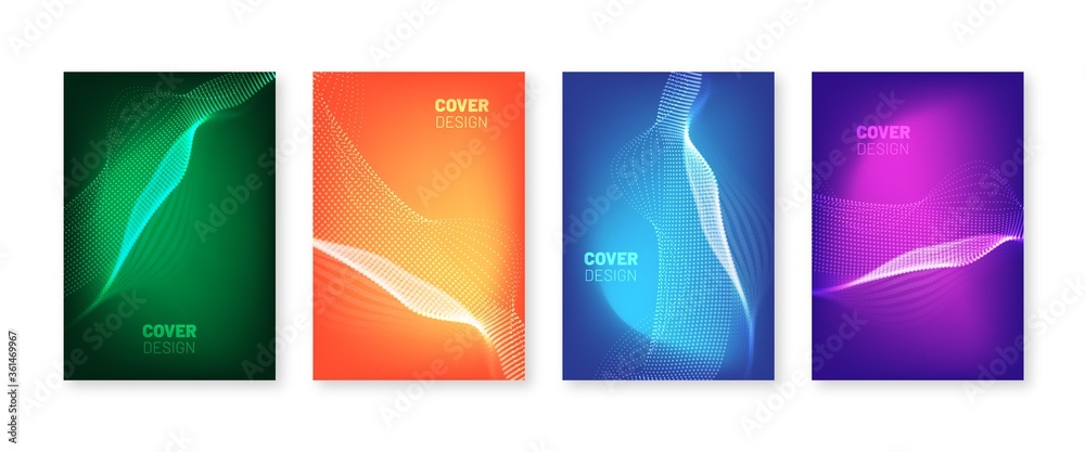 Wavy dots cover set. Fluid gradients with blurry waves. Modern liquid color poster collection. 