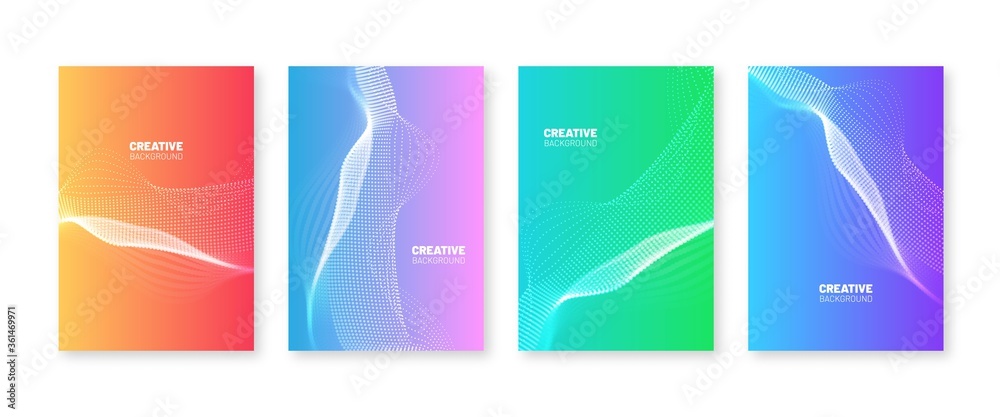 Wavy dots cover set. Fluid gradients with blurry waves. Modern liquid color poster collection. Trendy background template for social media etc. 