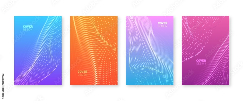 Wavy dots cover set. Fluid gradients with blurry waves. Modern liquid color poster collection. 