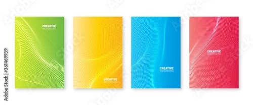 Wavy dots cover set. Fluid gradients with blurry waves. Abstract flyer design. Modern liquid color poster collection. Trendy background template for social media etc. 