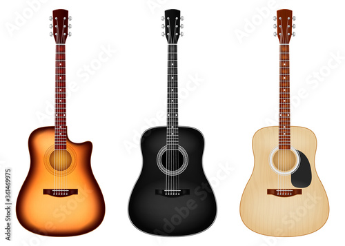 Classic six string acoustic guitar in three color schemes. Vector illustration.
