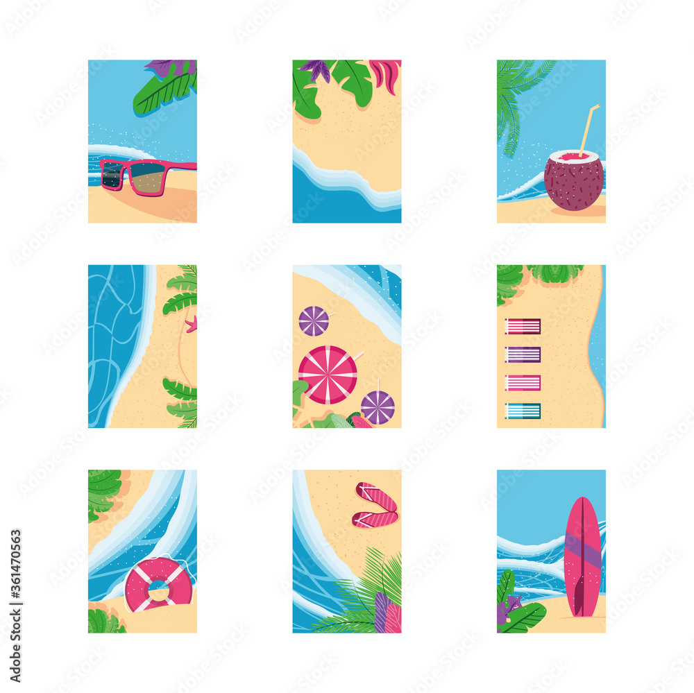 Summer backgrounds top view detailed style frames set vector design