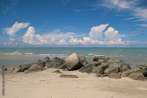 Panoramic beach with sand and stones on the island of Sand Bangka Belitung Indonesia