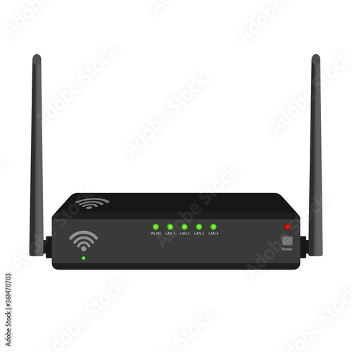 Realistic rectangular wifi router with two antennas on the sides isolated on white. Green and red diodes on a gray case. Device for wireless distribution of the Internet. Vector EPS 10.