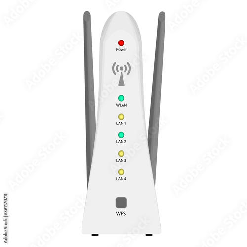 White vertical Wi-Fi router with two antennas isolated on white. LEDs in different colors and a button WPS to configure the connection. Vector EPS 10.
