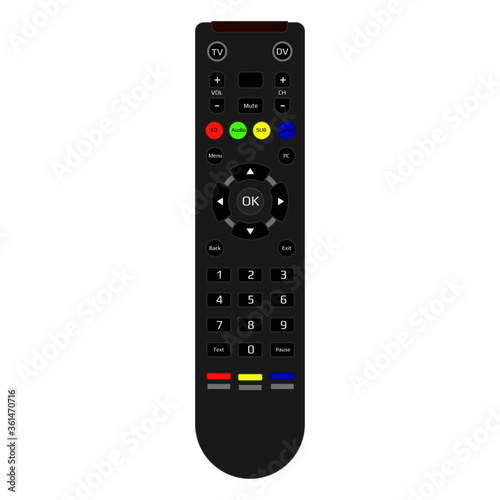 Realistic tv remote control isolated on white. Remote control with infrared signal and multi-colored buttons. Top view. Vector EPS 10.