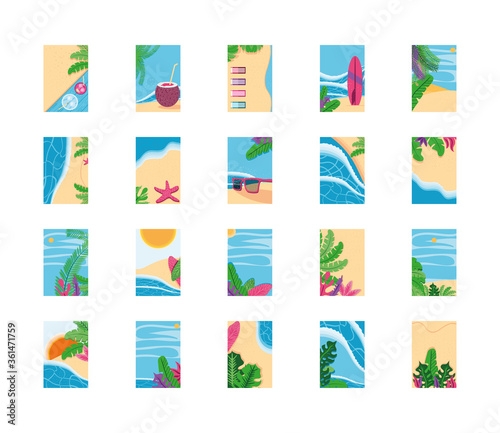 Summer backgrounds top view detailed style frames set vector design