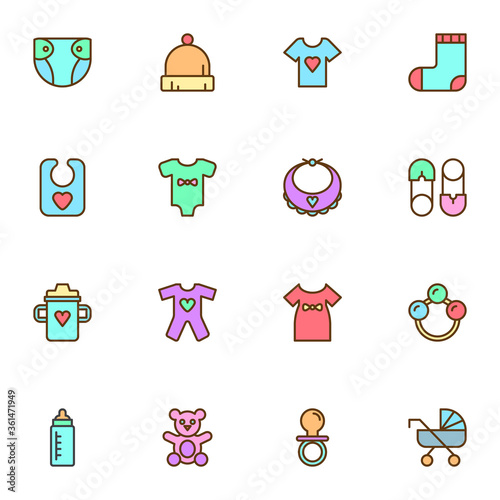 Baby related items filled outline icons set, line vector symbol collection, linear colorful pictogram pack. Signs, logo illustration, Set includes icons as diaper, clothes, teddy bear toy, safety pin