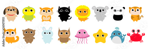 Bear Fox Owl Rabbit Dog Parrot Hamster Cat Lion Koala Panda Tiger Whale Jellyfish Crab Starfish icon set line. Cute cartoon kawaii funny baby character. Flat design. Kids print. White background.