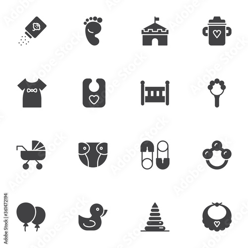Baby related items vector icons set, modern solid symbol collection, filled style pictogram pack. Signs, logo illustration. Set includes icons as rattle, feeding bottle, baby girl dress, crib, diaper