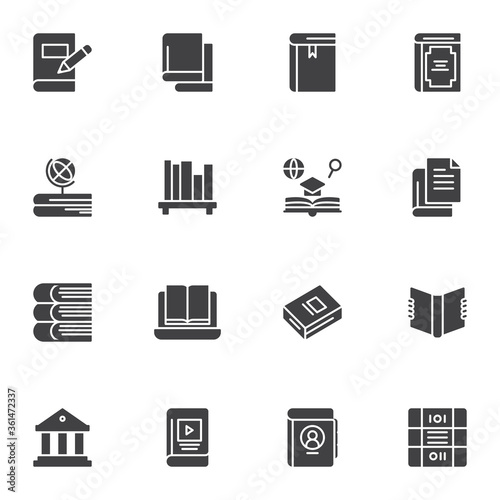 Education books vector icons set, modern solid symbol collection, filled style pictogram pack. Signs, logo illustration. Set includes icons as geography, online library, ebook, bookshelf, bookmark