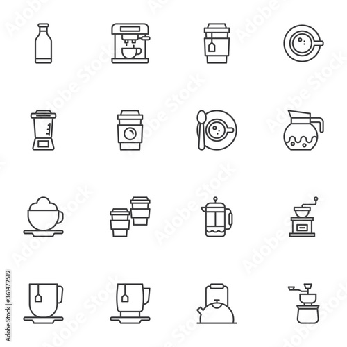 Coffee drink line icons set, outline vector symbol collection, linear style pictogram pack. Signs, logo illustration. Set includes icons as coffee maker machine, bean grinder, tea mug, saucer and cup