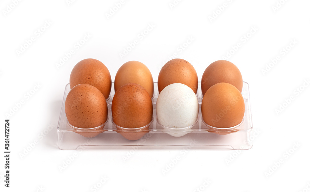 Egg, fresh chicken egg and duck egg in plastic box isolated on white background. Egg, fresh chicken egg and duck egg in plastic box isolated on white background.