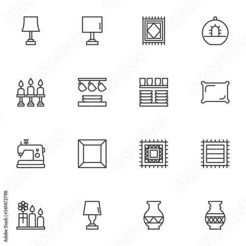 Home decor line icons set, outline vector symbol collection, linear style pictogram pack. Signs, logo illustration. Set includes icons as desk lamp, carpet rug, amphora vase, cushion, houseplant