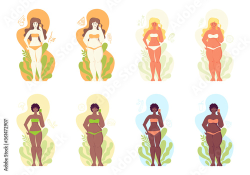 Woman before and after weigh loss. Fat and slim woman