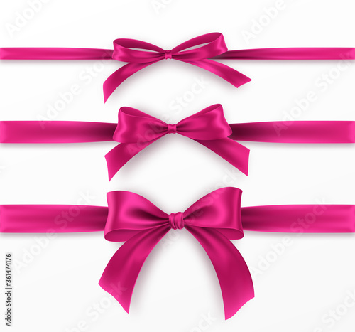 Set pink Bow and Ribbon on white background. Realistic pink bow for decoration design Holiday frame, border. Vector illustration