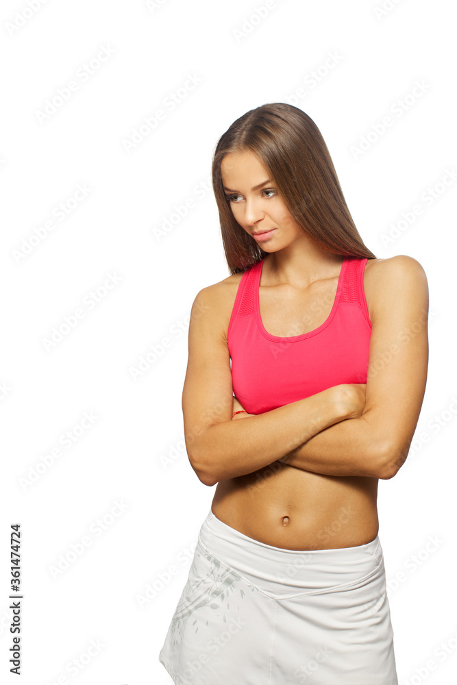 portrait of caucasian adult girl with long hair isolated on white background portrait of caucasian adult girl with long hair isolated on white background