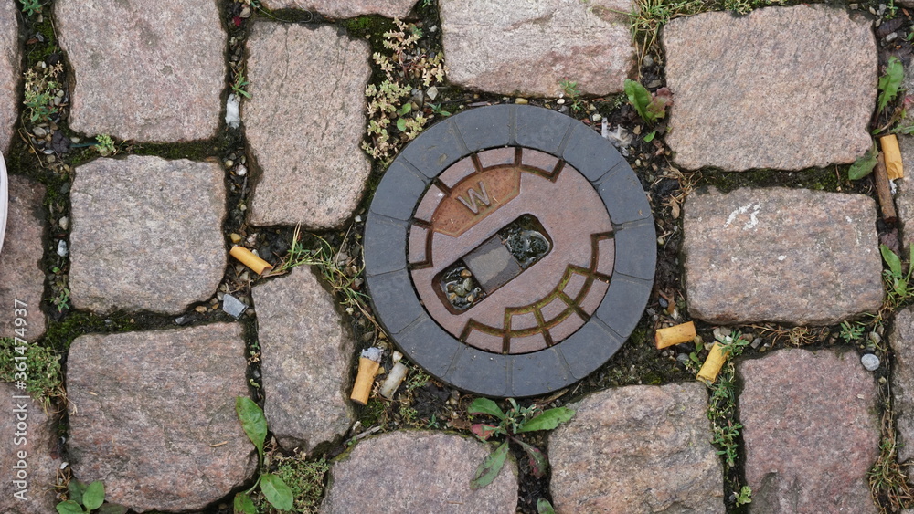 Manhole lid surrounded with cigarette buds