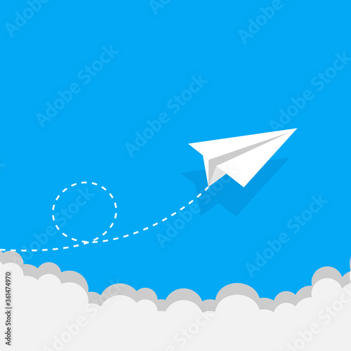 White paper airplane with shadow. Paper airplane on blue background. Leadership  teamwork  Abstract  Blue  Business. Paper airplane in the sky with clouds