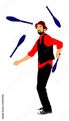 Birthday animator entertainment for kids, juggler artist vector illustration isolated on background. Clown in circus. Street actor jester juggling with pins. Performer Artist acrobat.