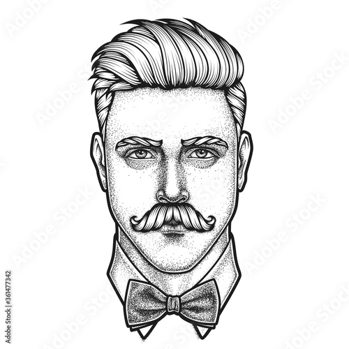 Hand drawn portrait of moustached man full face. Vector illustration.