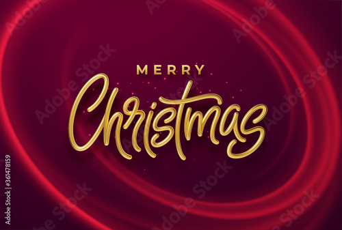 Realistic shiny 3D golden inscription Merry Christmas on a background with red bright waves. Vector illustration