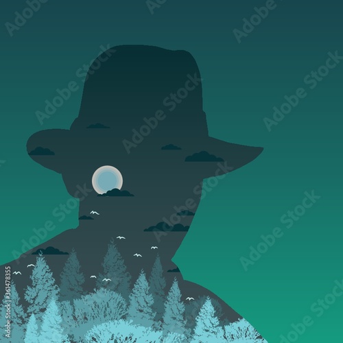 Double exposure of man and night sky