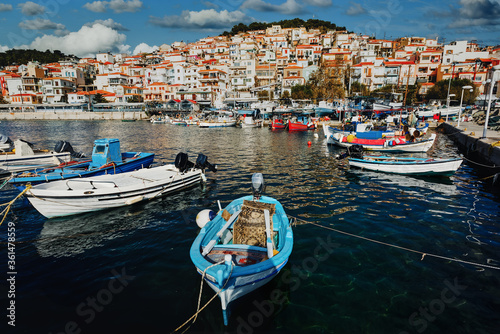 Scenic coastal village of Plomari (Plomarion) on beautiful island Lesvos (Lesbos) in Greece. photo