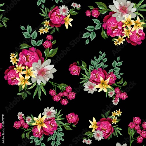 Seamless pattern with spring flowers and leaves. Hand drawn background. Flower pattern for wallpaper or fabric. Flower rose.