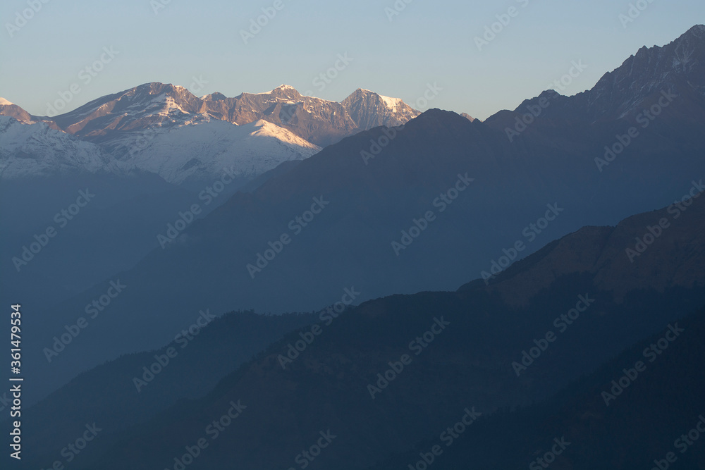 Fototapeta premium Mountain range in Nepal in the morning, mountain peaks with snow, nature photography