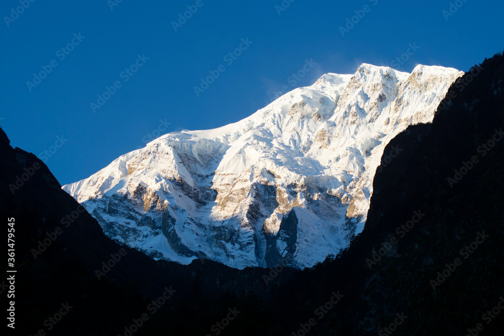 Mountain landscape with snow in Nepal in the morning, nature photography Mountain landscape with snow in Nepal in the morning, nature photography