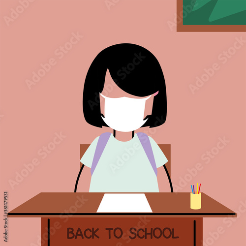 back to school, girl studying in classroom with face masks