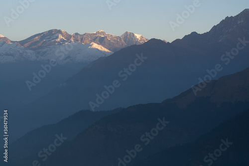 Mountain range in Nepal in the morning, mountain peaks with snow, nature photography