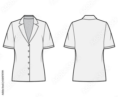 Pajama style blouse technical fashion illustration with retro camp collar, short sleeves, loose fit body. Flat apparel template front, back, grey color. Women, men unisex CAD garment designer mockup