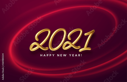 Realistic shiny 3D golden inscription 2021 happy new year on a background with red bright waves. Vector illustration