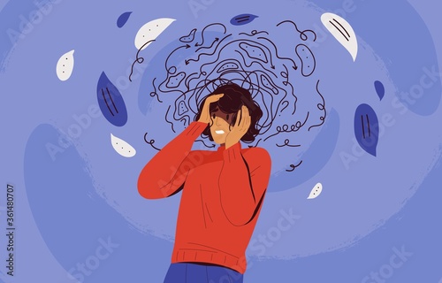 Fototapeta Frustrated woman with nervous problem feel anxiety and confusion of thoughts vector flat illustration