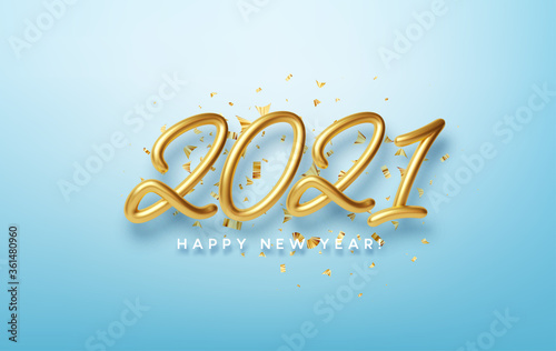 Realistic 3d inscription 2021 with golden confetti isolated on blue background. Golden shiny lettering. Vector illustration