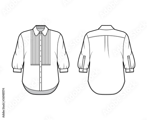Shirt technical fashion illustration with bib, button down front opening, round collar, elbow sleeves with cuff, oversized body. Flat apparel template front back white color. Women, men unisex mockup