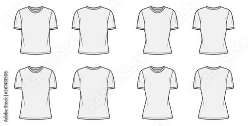 T-shirt technical fashion illustration set with crew neck  fitted and oversized long and regular body  short sleeves  flat. Apparel template front and back grey color. Women  men unisex garment mockup