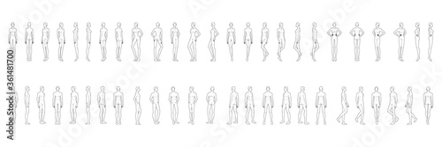 Fashion template of 50 men and women. 9 head size for technical drawing. Gentlemen and lady figure front, side, 3-4 and back view. Vector outline boy and girl for fashion sketching and illustration. photo